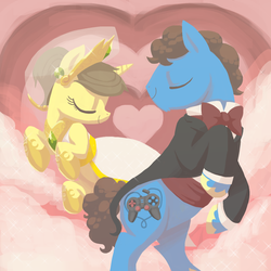 Size: 1259x1258 | Tagged: safe, artist:needsmoarg4, oc, oc only, earth pony, pony, unicorn, clothes, eyes closed, female, male, mare, rearing, smiling, stallion, valentine