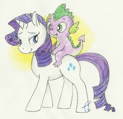 Size: 1293x1244 | Tagged: safe, artist:pitafish, rarity, spike, dragon, pony, unicorn, g4, dragons riding ponies, female, male, mare, riding, ship:sparity, shipping, simple background, smiling, spike riding rarity, straight, traditional art, white background