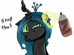 Size: 800x596 | Tagged: safe, artist:tggeko, queen chrysalis, changeling, changeling queen, g4, abuse, bug spray, chrysabuse, fanfic, female, solo, wat
