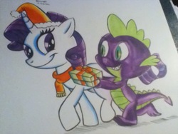 Size: 938x704 | Tagged: safe, artist:megadrivesonic, rarity, spike, dragon, pony, unicorn, g4, christmas, clothes, female, hat, holiday, male, mare, present, santa hat, scarf, ship:sparity, shipping, smiling, straight, walking