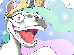 Size: 800x600 | Tagged: dead source, safe, artist:sunibee, princess celestia, alicorn, pony, g4, close-up, colored, creepy, female, gif, hoers, laughing, mare, non-animated gif, princess, solo, teeth