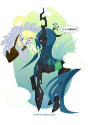 Size: 1280x1811 | Tagged: safe, artist:tarajenkins, derpy hooves, queen chrysalis, changeling, changeling queen, pegasus, pony, cupidite, g4, abstract background, duo, duo female, female, letter, mare, mouth hold, simple background, smiling, transparent background