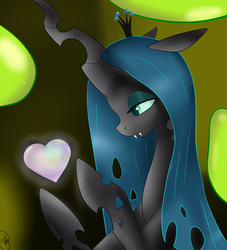 Size: 1000x1100 | Tagged: safe, artist:noodlefreak88, queen chrysalis, changeling, changeling queen, g4, changeling hive, crown, fangs, female, heart, jewelry, regalia, solo