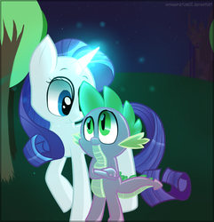 Size: 732x759 | Tagged: safe, artist:mynewpicture02, rarity, spike, dragon, pony, unicorn, g4, cute, female, glowing horn, horn, magic, male, mare, night, ship:sparity, shipping, smiling, straight, walking