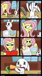 Size: 900x1625 | Tagged: safe, artist:braindps, angel bunny, fluttershy, pegasus, pony, g4, assertive, book, carrot, comic, cookbook, duo, female, mare, tears of fear, threat