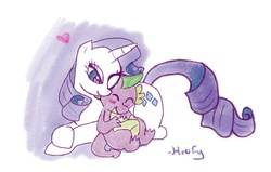 Size: 800x509 | Tagged: safe, artist:bro-hoof-galore, rarity, spike, dragon, pony, unicorn, g4, female, heart, interspecies, male, mare, prone, ship:sparity, shipping, smiling, spikelove, straight