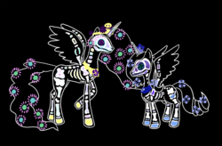 Size: 1000x654 | Tagged: safe, artist:violetmagician, princess celestia, princess luna, alicorn, pony, g4, dia de los muertos, duo, duo female, female, mare, s1 luna, skeleton