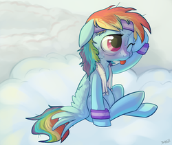 Size: 900x760 | Tagged: source needed, safe, artist:php27, rainbow dash, pegasus, pony, g4, :p, armband, cloud, drool, exercise, female, floppy ears, headband, mare, messy mane, sitting, solo, sweat, tired, tongue out, towel, wink, wristband