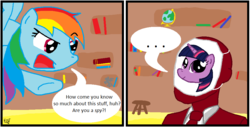 Size: 964x491 | Tagged: safe, artist:sir-croco, rainbow dash, twilight sparkle, human, pegasus, pony, friendship is magic, g4, ..., comic, dialogue, female, golden oaks library, male, mare, mask, necktie, not twilight sparkle, paper-thin disguise, scene parody, seems legit, speech bubble, spy, spy (tf2), team fortress 2, this will not end well