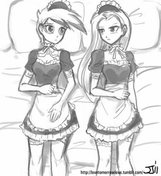 Size: 914x1000 | Tagged: safe, artist:johnjoseco, gilda, pinkie pie, human, g4, bed, clothes, duo, duo female, female, grayscale, humanized, looking at each other, maid, monochrome, on back, pillow, pinkamena diane pie