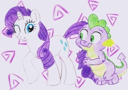 Size: 791x557 | Tagged: artist needed, safe, rarity, spike, dragon, pony, unicorn, g4, abstract background, female, male, mare, ship:sparity, shipping, smiling, straight, traditional art