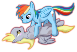 Size: 600x406 | Tagged: safe, artist:nynysi, derpy hooves, rainbow dash, pegasus, pony, g4, duo, female, lesbian, mare, on back, ship:derpydash, shipping, simple background, transparent background