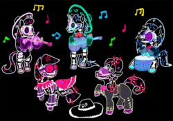 Size: 900x632 | Tagged: safe, artist:violetmagician, dj pon-3, hoity toity, lyra heartstrings, octavia melody, photo finish, vinyl scratch, earth pony, pony, unicorn, g4, black background, dancing, dia de los muertos, drums, female, guitar, male, mare, music notes, musical instrument, simple background, stallion, violin