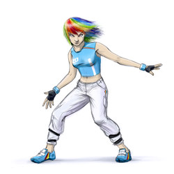 Size: 900x900 | Tagged: safe, artist:averagedraw, rainbow dash, human, g4, clothes, female, fingerless gloves, gloves, humanized, looking at you, midriff, mirror's edge, solo, wristband