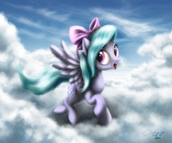 Size: 1800x1500 | Tagged: safe, artist:dcpip, flitter, pegasus, pony, g4, cloud, cloudy, female, flying, hair bow, happy, mare, open mouth, sky, smiling, solo