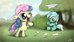 Size: 1920x1080 | Tagged: safe, artist:dori-to, bon bon, lyra heartstrings, sweetie drops, earth pony, pony, unicorn, g4, duo, female, filly, filly lyra, foal, happy, paper airplane, tongue out, wallpaper