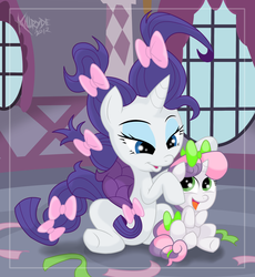 Size: 2300x2500 | Tagged: safe, artist:killryde, rarity, sweetie belle, pony, unicorn, g4, sisterhooves social, 2012, alternate hairstyle, belle sisters, bow, carousel boutique, duo, female, filly, happy, high res, makeover, mare, scene interpretation, siblings, sisters, sitting