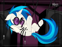 Size: 1632x1224 | Tagged: safe, artist:killryde, dj pon-3, vinyl scratch, pony, unicorn, g4, bondage, butt, cable, female, floppy ears, mare, plot, scrunchy face, solo, speaker, suspended