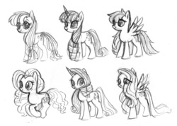 Size: 1280x911 | Tagged: safe, artist:needsmoarg4, applejack, fluttershy, pinkie pie, rainbow dash, rarity, twilight sparkle, earth pony, pegasus, pony, unicorn, g4, female, mane six, mare, monochrome, sketch, smiling