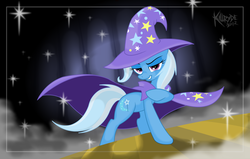 Size: 2200x1400 | Tagged: safe, artist:killryde, trixie, pony, unicorn, g4, cape, clothes, female, hat, lidded eyes, mare, raised hoof, smiling, smirk, smug, solo, stage, trixie's cape, trixie's hat