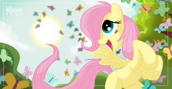 Size: 2300x1200 | Tagged: safe, artist:killryde, fluttershy, butterfly, pegasus, pony, g4, cute, female, filly, filly fluttershy, hair over one eye, happy, mare, rearing, shyabetes, solo, sun, teenager, younger