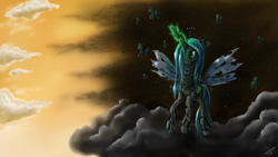 Size: 2500x1406 | Tagged: safe, artist:1jaz, queen chrysalis, changeling, changeling queen, g4, cloud, crown, female, flying, jewelry, regalia, sky, swarm