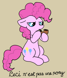 Size: 730x853 | Tagged: safe, artist:violetmagician, pinkie pie, earth pony, pony, g4, female, floppy ears, french, mare, pipe, rené magritte, simple background, sitting, solo, the treachery of images