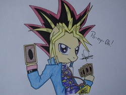 Size: 816x612 | Tagged: safe, artist:mariwii, semi-anthro, atem, crossover, millennium puzzle, ponified, solo, traditional art, yami yugi, yu-gi-oh!, yugi muto