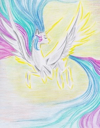 Size: 2272x2904 | Tagged: safe, artist:misschang, princess celestia, alicorn, pony, g4, ethereal mane, eyes closed, female, flying, high res, looking back, mare, solo, traditional art