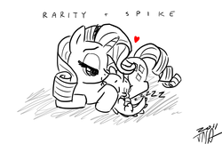 Size: 850x550 | Tagged: safe, artist:jnathedude, rarity, spike, dragon, pony, unicorn, g4, cuddling, female, interspecies, male, mare, monochrome, prone, ship:sparity, shipping, sleeping, spikelove, straight, zzz