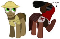 Size: 3400x2200 | Tagged: safe, artist:aaronmk, oc, oc only, earth pony, pony, fallout equestria, desert, duo, fallout, fallout: new vegas, goggles, gun, handgun, high res, legion, male, ncr, ponified, revolver, simple background, stallion, transparent background, weapon