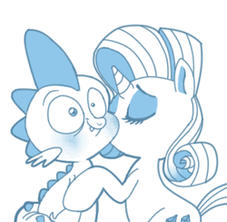 Size: 316x308 | Tagged: safe, artist:circustent, rarity, spike, dragon, pony, unicorn, g4, blushing, cheek kiss, cute, female, interspecies, kissing, male, mare, monochrome, ship:sparity, shipping, spikabetes, straight