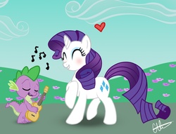 Size: 1180x900 | Tagged: safe, artist:corky-lunn, rarity, spike, dragon, pony, unicorn, g4, ^^, eyes closed, female, guitar, heart, interspecies, male, mare, music notes, musical instrument, playing guitar, playing instrument, raised hoof, ship:sparity, shipping, singing, song, straight