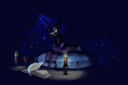 Size: 1458x971 | Tagged: safe, artist:lunarapologist, nightmare moon, alicorn, pony, g4, book, candle, clothes, female, glasses, mare, nicemare moon, pajamas, pillow, prone, solo, wine
