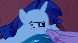 Size: 640x360 | Tagged: safe, screencap, applejack, rarity, earth pony, pony, unicorn, g4, look before you sleep, season 1, animated, bed, duo, duo female, eye contact, female, gif, golden oaks library, looking at each other, mare, mouth hold, tug of war