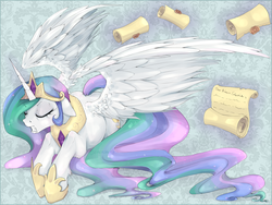 Size: 1200x900 | Tagged: safe, artist:cindacry, princess celestia, alicorn, pony, g4, abstract background, crying, eyes closed, female, floppy ears, frustrated, gritted teeth, letter, mare, princess, prone, scroll, solo, spread wings, sweat