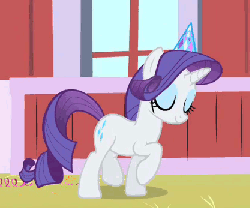 Size: 417x347 | Tagged: safe, screencap, rarity, pony, unicorn, party of one, season 1, animated, barn, dancing, dancity, eyes closed, female, gif, hat, ladylike, mare, party hat, party soft, solo, stomping