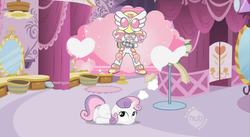 Size: 851x468 | Tagged: safe, edit, edited screencap, screencap, sweetie belle, pony, unicorn, g4, carousel boutique, female, filly, kamen rider, kamen rider ooo, scootie belle, thought bubble
