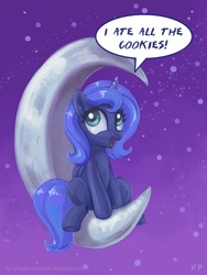 Size: 750x1000 | Tagged: safe, artist:kp-shadowsquirrel, princess luna, alicorn, pony, g4, crescent moon, dialogue, female, filly, folded wings, gradient background, happy, implied cookies, moon, open mouth, purple background, simple background, sitting, sitting on the moon, smiling, solo, speech, speech bubble, starry night, stars, talking, tangible heavenly object, transparent moon, wings, woona, young luna, younger