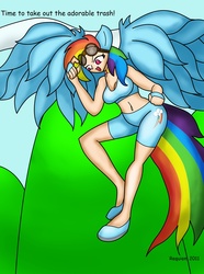 Size: 1280x1719 | Tagged: safe, artist:requiems-dirge, rainbow dash, human, g4, belly button, eared humanization, female, flying, goggles, humanized, midriff, solo, tailed humanization, winged humanization