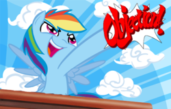 Size: 500x320 | Tagged: safe, artist:tess, edit, rainbow dash, pegasus, pony, g4, ace attorney, female, mare, objection, parody, phoenix wright, pointing, solo