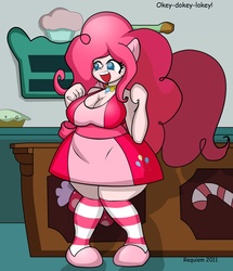 Size: 1280x1487 | Tagged: safe, artist:requiems-dirge, pinkie pie, human, kemonomimi, g4, adorafatty, bbw, breasts, busty pinkie pie, candy, candy cane, cleavage, clothes, cute, dialogue, diapinkes, dress, eared humanization, element of laughter, fat, female, food, hourglass figure, humanized, jewelry, kitchen, necklace, okie doki loki, pie, pink dress, pudgy pie, shelf, shoes, socks, solo, striped socks, sugarcube corner, table, tailed humanization