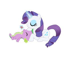 Size: 550x458 | Tagged: safe, artist:queencold, rarity, spike, dragon, pony, unicorn, g4, eyes closed, feeding, female, gem, interspecies, male, mare, on back, open mouth, prone, ship:sparity, shipping, simple background, straight, transparent background, vector