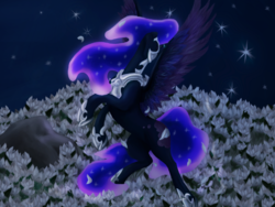 Size: 1024x768 | Tagged: safe, artist:luckys-kitsune, artist:massyr, nightmare moon, alicorn, pony, g4, dancing, female, field, flower, mare, night, rearing, solo, spread wings, wings