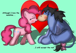Size: 1619x1121 | Tagged: safe, artist:kildaver, pinkie pie, earth pony, pony, g4, blushing, crossover, crossover shipping, eeyore, eyes closed, female, heart, hearts and hooves day, hilarious in hindsight, male, mare, pinkieyore, shipping, straight, valentine's day, winnie the pooh