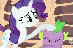 Size: 612x405 | Tagged: safe, screencap, rarity, spike, dragon, pony, unicorn, dragon quest, g4, season 2, animated, duo, female, gif, golden oaks library, hub logo, male, mare, noogie