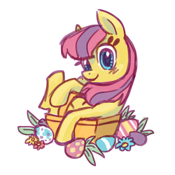 Size: 800x800 | Tagged: safe, artist:needsmoarg4, skedoodle, earth pony, pony, g3, g4, basket, easter, easter egg, female, g3 to g4, generation leap, looking at you, mare, pony in a basket, simple background, sitting, smiling, solo, white background