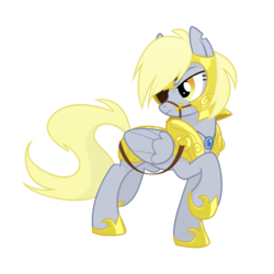 Size: 2000x2000 | Tagged: safe, artist:equestria-prevails, derpy hooves, pegasus, pony, g4, armor, bridle, epic derpy, eyepatch, female, general derpy, high res, looking back, mare, raised hoof, simple background, solo, transparent background