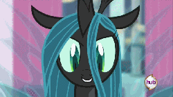 Size: 640x360 | Tagged: safe, screencap, queen chrysalis, changeling, changeling queen, a canterlot wedding, g4, season 2, animated, buzzing wings, cute, cutealis, eyes closed, fangs, female, flying, gif, giggling, hub logo, hubble, laughing, lip bite, open mouth, out of context, smiling, solo