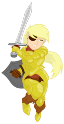 Size: 1275x2475 | Tagged: safe, artist:equestria-prevails, derpy hooves, human, g4, armor, eyepatch, female, general derpy, humanized, running, shield, simple background, solo, sword, transparent background, weapon